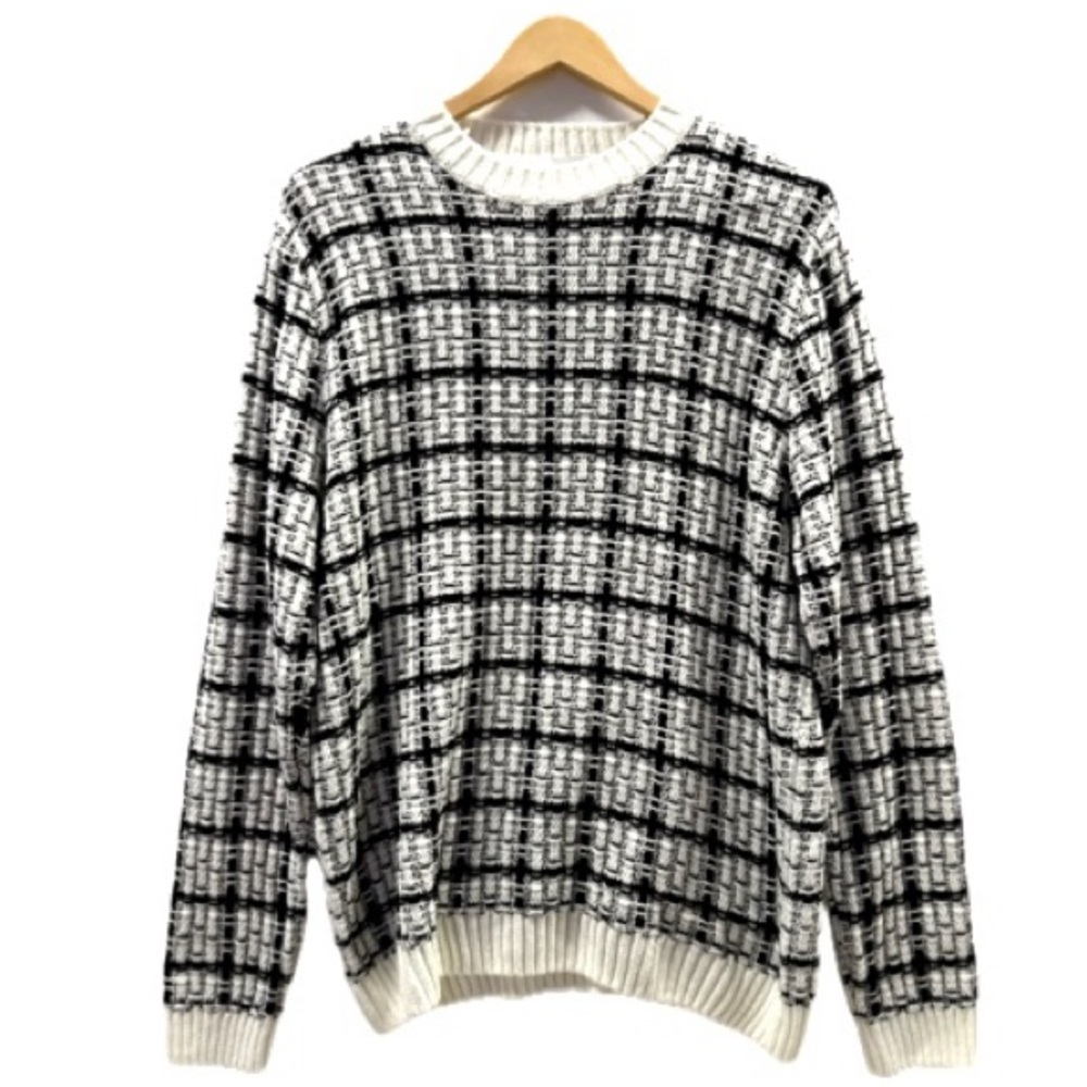 Zara Mens 3D Chunky Knit Sweater Size Large Pullover Crewneck Plaid Patterned